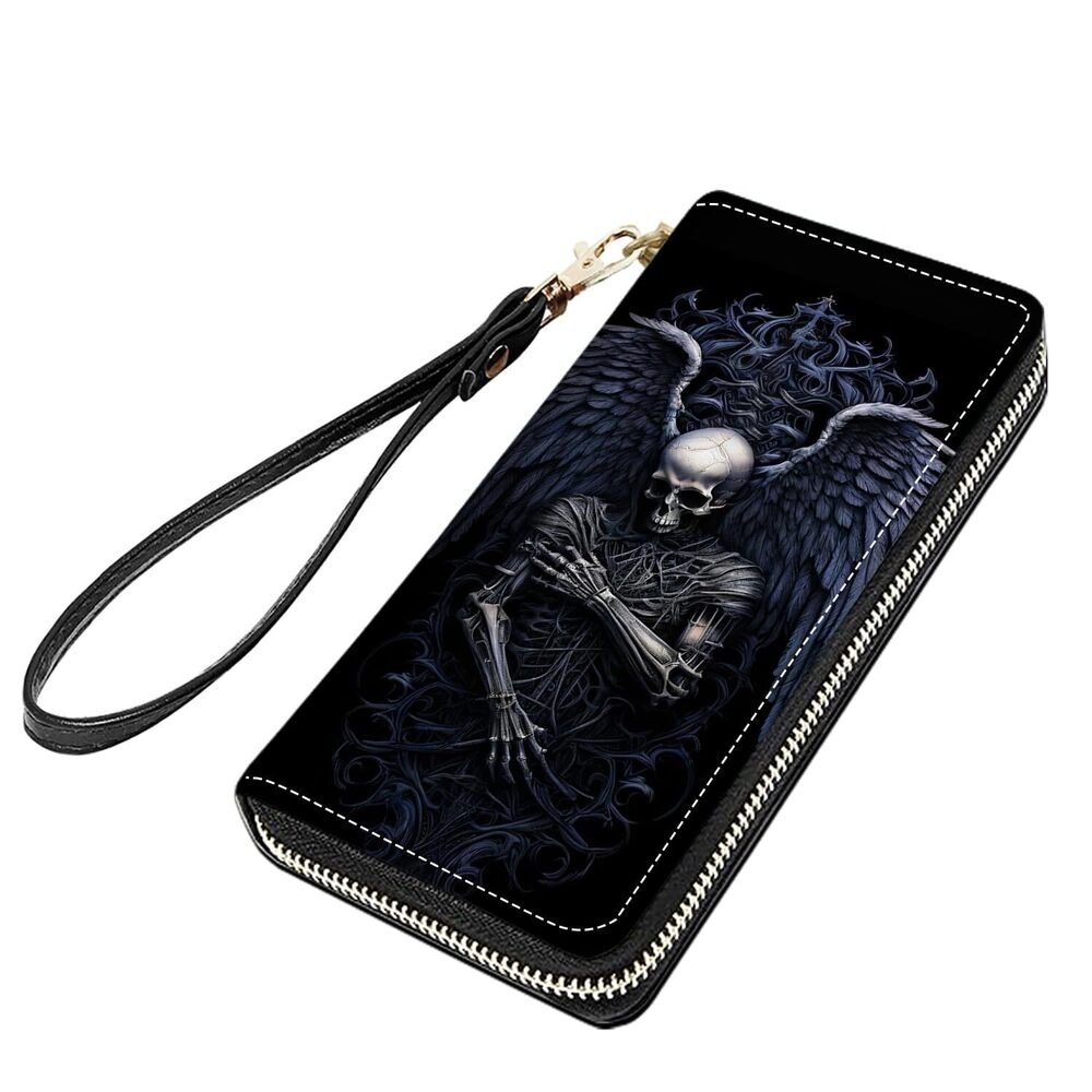 5032 Skull with Wings Print Large Capacity PU Leather Zip Around Wallet